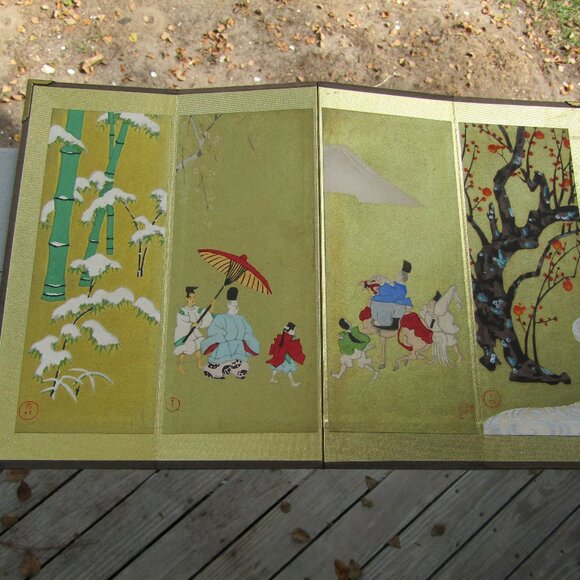 Vintage Japanese Miniature 4-Panel Folding Screen Tabletop Byōbu Art | Mt. Fuji - Picture 9 of 16